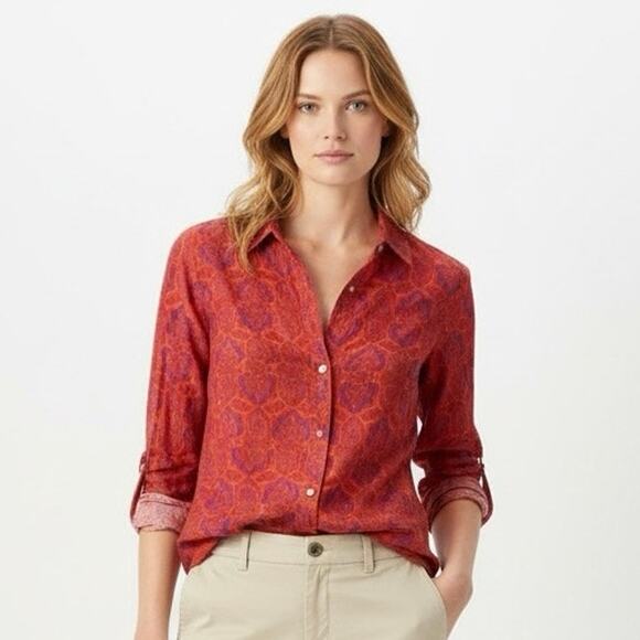 J.Crew The Perfect Shirt Women’s XS Red Purple Print Cotton Silk Blend Workwear - Picture 1 of 16